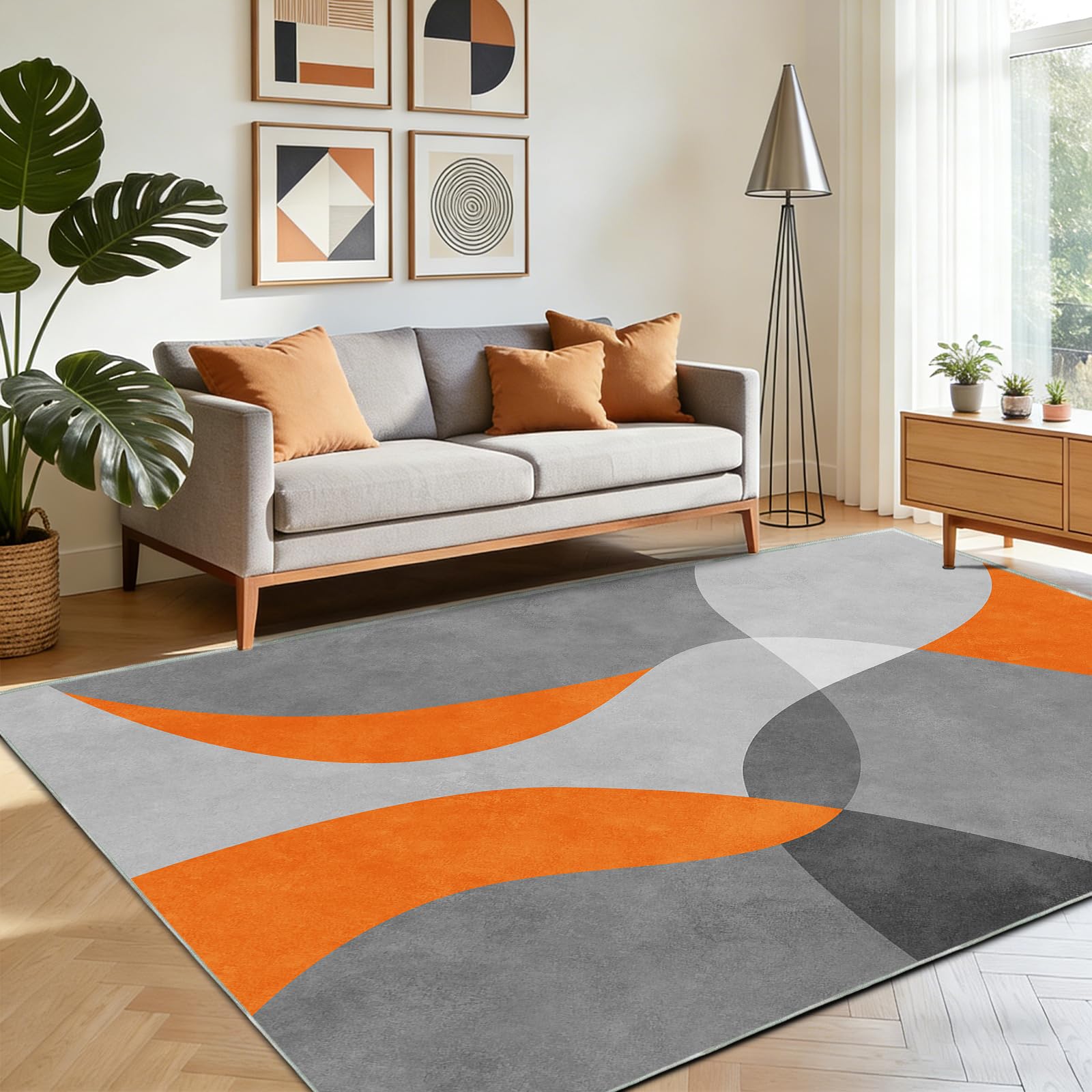 Tappeto Soggiorno Moderno Astratto 140 x 200 cm - Tappeto Lavabile e Pieghevole, Antiscivolo e Morbido, Tappeto Pelo Corto Geometrico Grigio e Arancione per Salotto, Camera da Letto e Ufficio