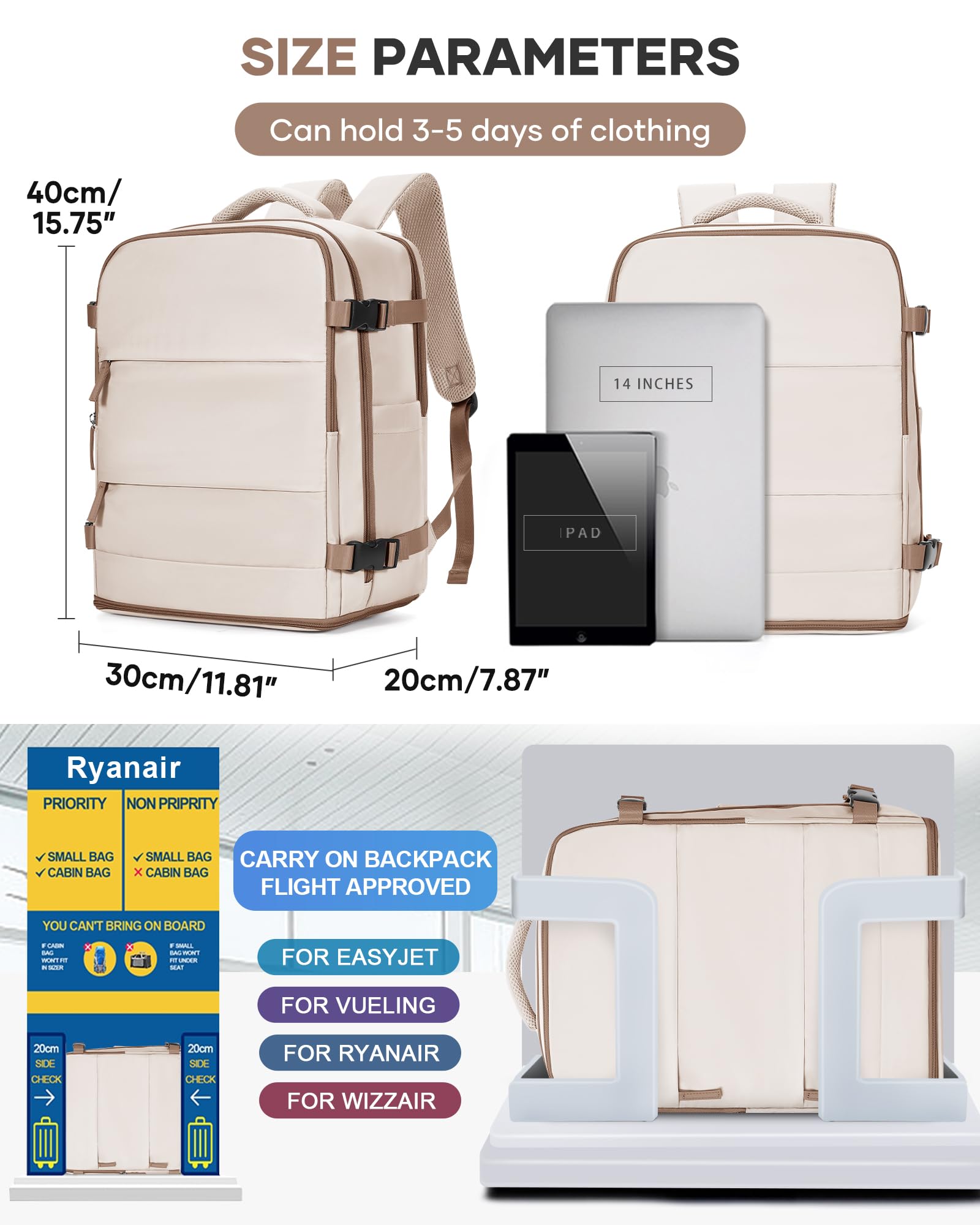 BJLFS Borse da Cabina per Ryanair 40x30x20 Bagaglio a mano Sottovuoto 40x20x25 Zaino da Viaggio con Sottovuoto impermeabile Donna Zaino Easyjet 45x36x20 Zaini Wizzair con porta scarpe