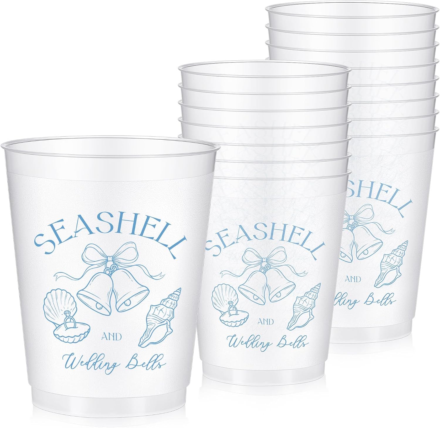 Baderke 16 Bachelorette Party Plastic Cups Seashell and Wedding Bells Clear Frosted Cute Bach Party Drinkware Reusable Cups Supplies Bridal Shower Favors Engagement Decorations (16oz, Seashell)