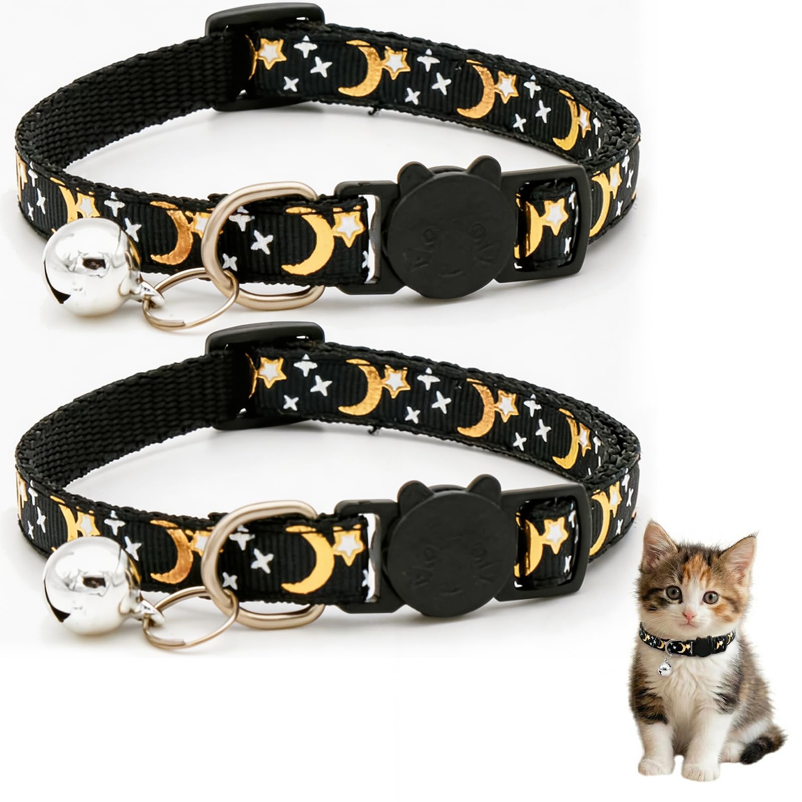 Reflective Adjustable Cat Collar with Bell, Moon Star Print Kitten Collar with Safety Breakaway Buckle, Cute Cat Collar for Cats Kittens, Multiple Colors Available (2 Pack)