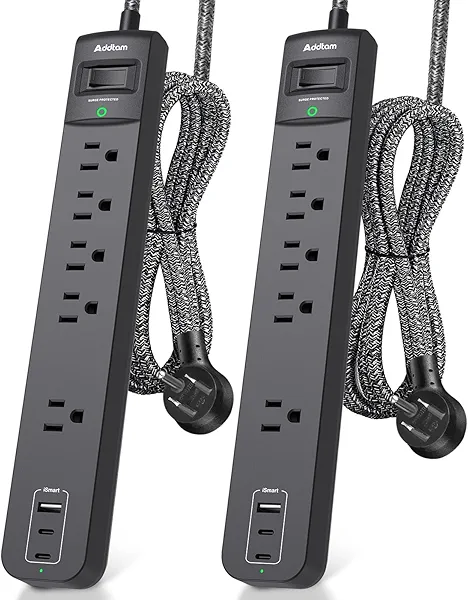 2 Pack Power Strip Surge Protector - 5 Widely Spaced Outlets 3 USB Charging Ports, 1875W/15A 6Ft Braided Extension Cord, Flat Plug Overload Protection, Wall Mount for Home Office Dorm Room Essentials