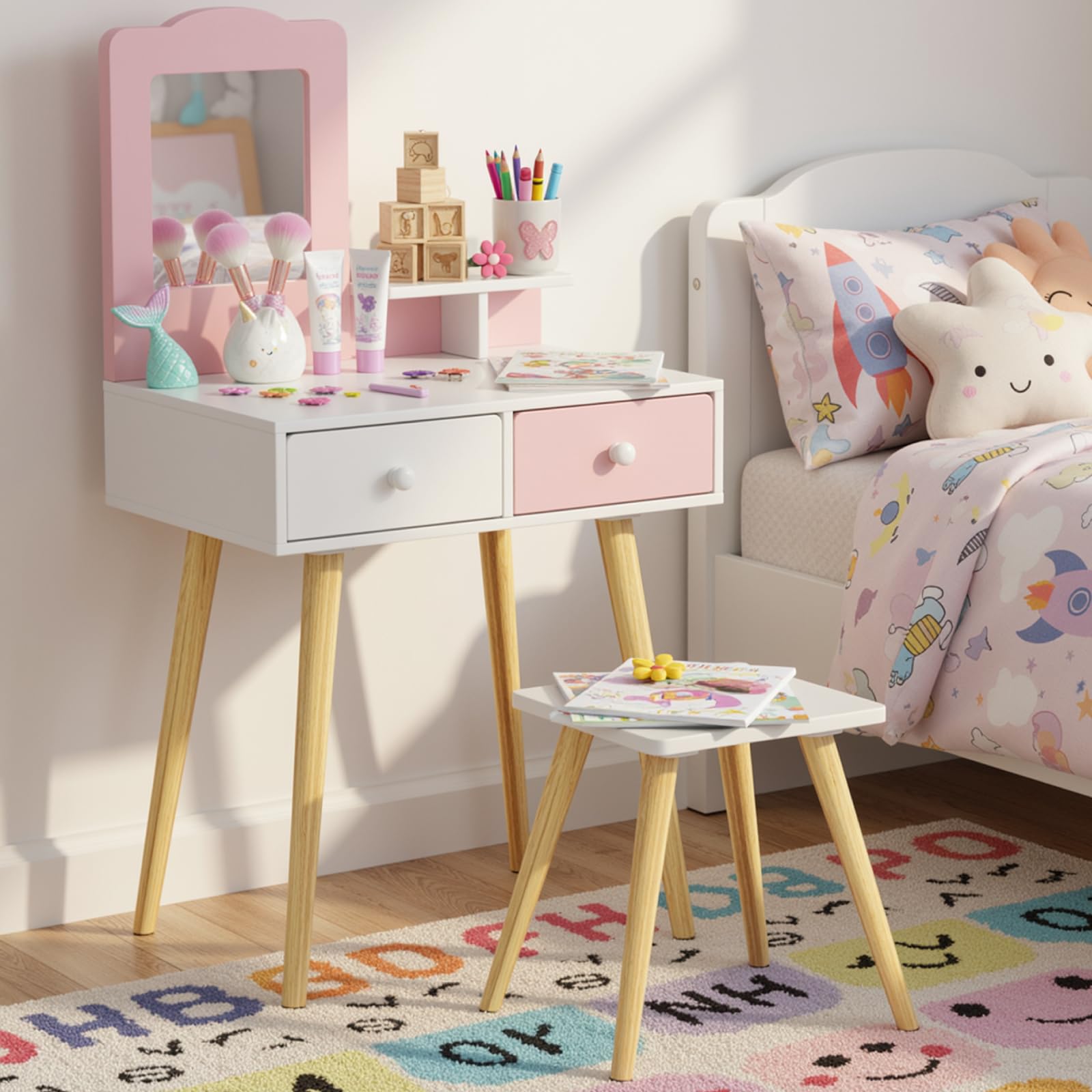 Clevich 2 in 1 Schminktisch Kinder Set, Prinzessin Frisiertisch mit Abnehmbarem Spiegel, 2 Schubladen, Schreibtisch Holz mit Hocker, für Kinder von 3 bis 8 Jahren, Rosa