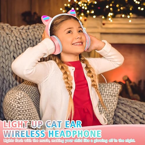 Miniatura 3 de QIGOMINPP Auriculares Bluetooth sobre la cabeza auriculares inalámbricos recargables con iluminación LED para mujeres niñas estudiantes niños
