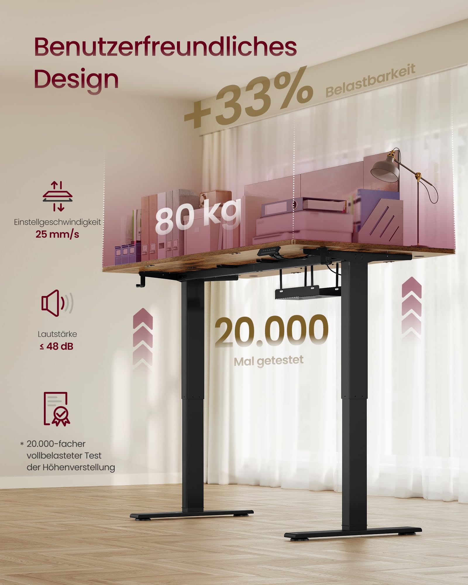 VASAGLE Höhenverstellbarer Schreibtisch, 160 x 80 cm, USB-C-Anschluss, Ablage für Steckdosenleiste, Stehtisch, Erinnerung bei langem Sitzen, 3 Speichertasten, für Büro, vintagebraun LSD146KD02