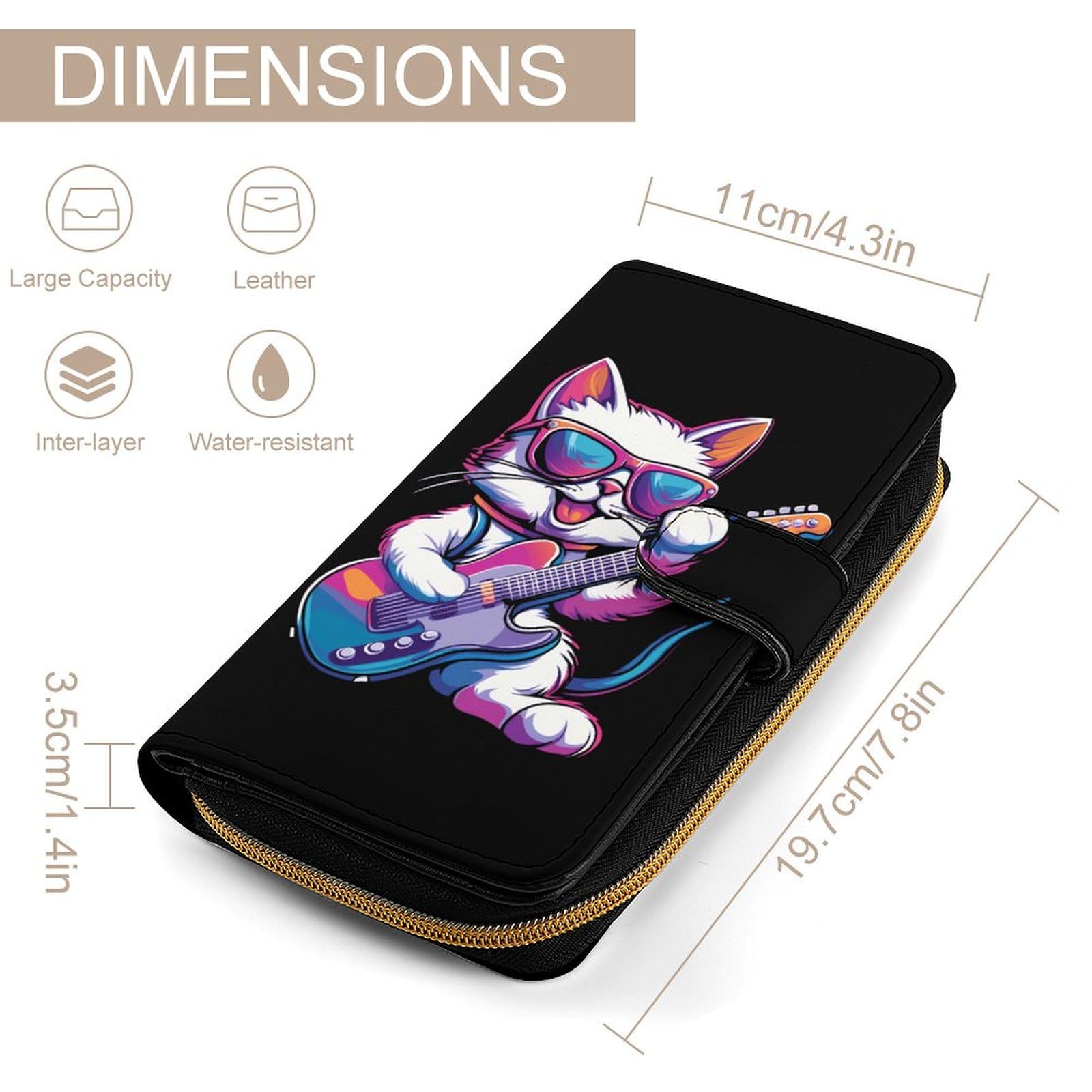 Rock Cat Playing Guitar Long Wallet PU Leather Credit Card Holder Durable Zippered Purse Clutch Wallet