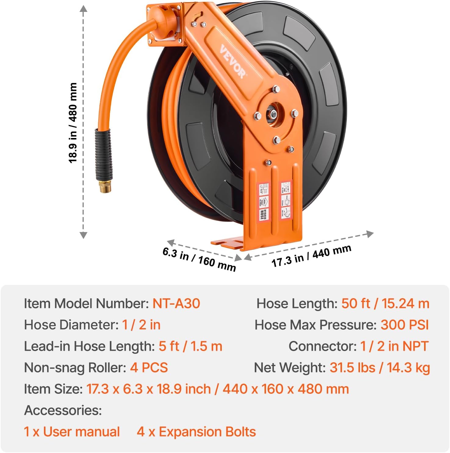VEVOR Retractable Air Hose Reel, 1/2 IN x 50 FT Hybrid Air Hose Max 300PSI, Air Compressor Hose Reel Auto-Rewind with 5FT Lead in, Ceiling/Wall Mount Heavy Duty Single Arm Steel Reel, 1/2" NPT Fitting