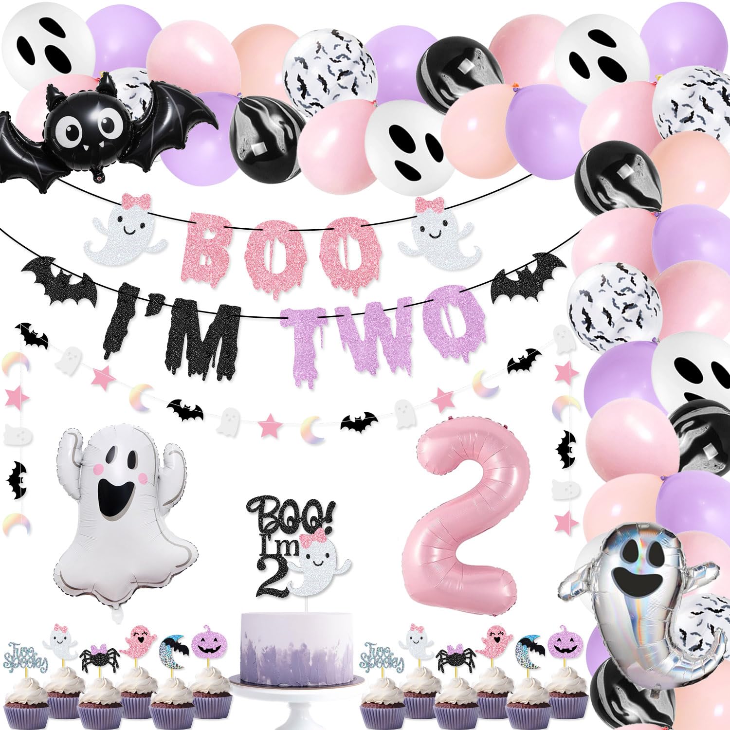 Boo I'm Two Halloween Birthday Party Pack Boo I'm Two Banner Cake Topper Ghost Bat Balloons for Girls' Pink and Purle Halloween 2nd Birthday