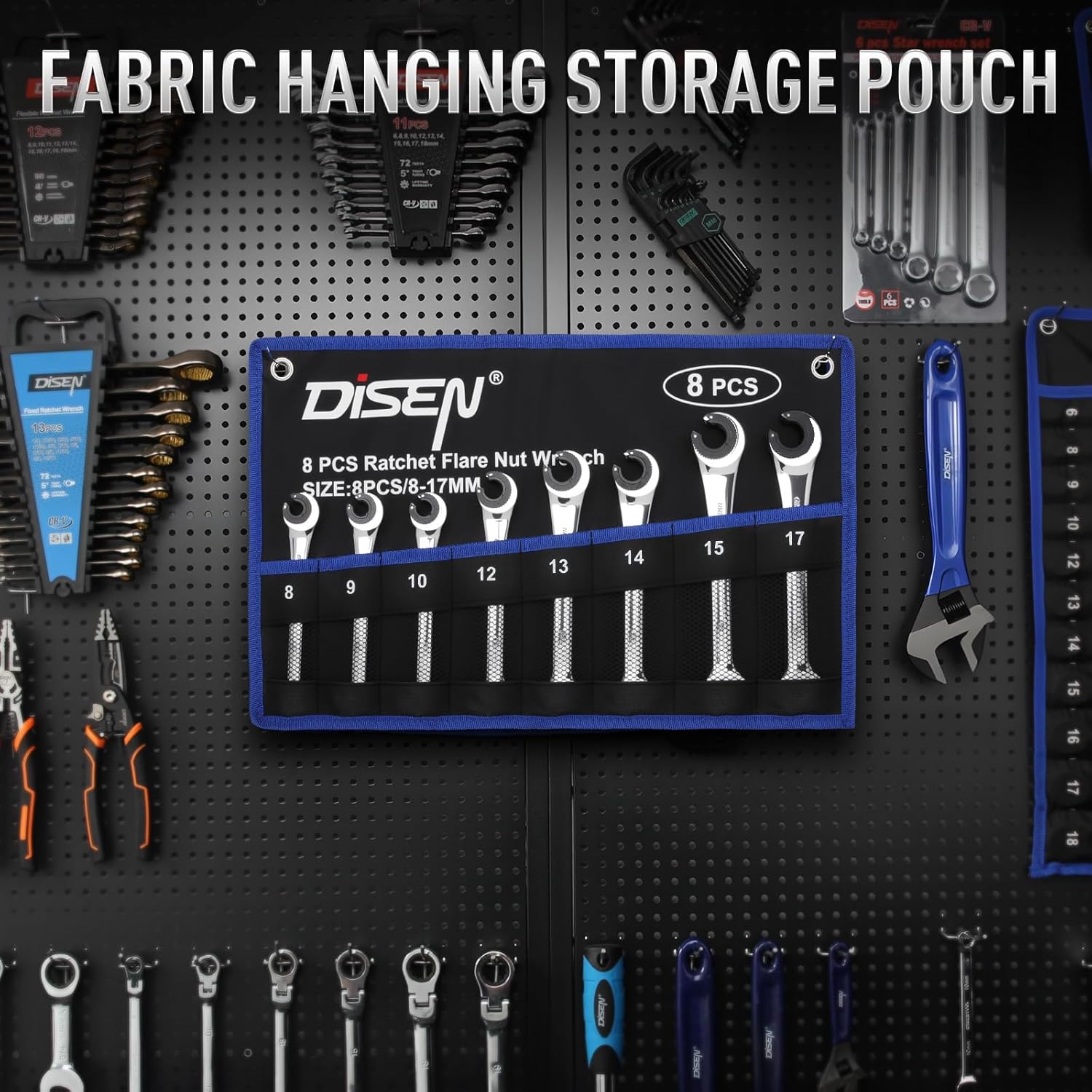 DISEN 8PCS Flare Nut Wrench Set Brake Line Ratcheting Wrench Set Metric 8-17mm, CR-V Steel with Organizer Pouch, Father's Gift