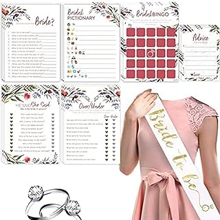 Floral Bridal Shower Games – Set of 6 (50 Cards Each) w/Bride to Be Sash & 25 Adjustable Silver Diamond Engagement Rings Greenery