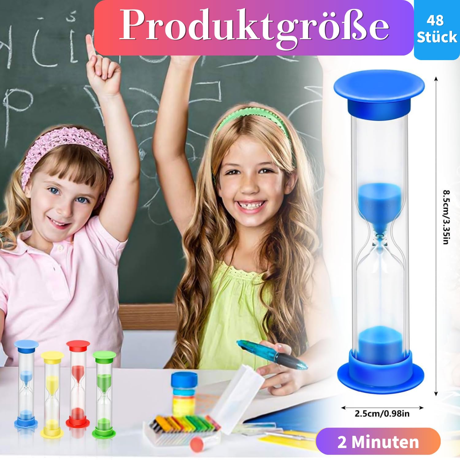 48 pezzi 2 minuti di clessidra per bambini, timer colorato per spazzolino da denti, piccola plastica Hourglass per aule, giochi, casa, scuola e ufficio