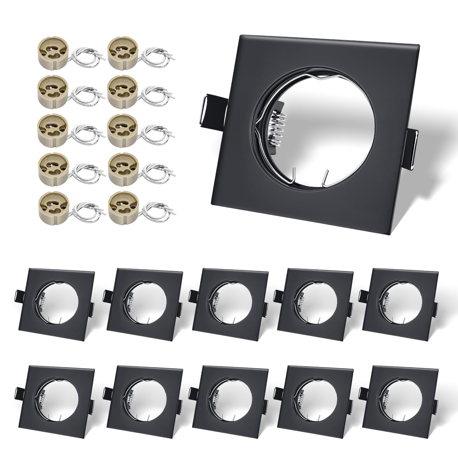 LteelDay 10er-Set eckige GU10 Einbaurahmen matt schwarz, 82x82mm, Loch 57-60mm – inkl. VDE-Fassung, Federklammern – ohne Leuchtmittel