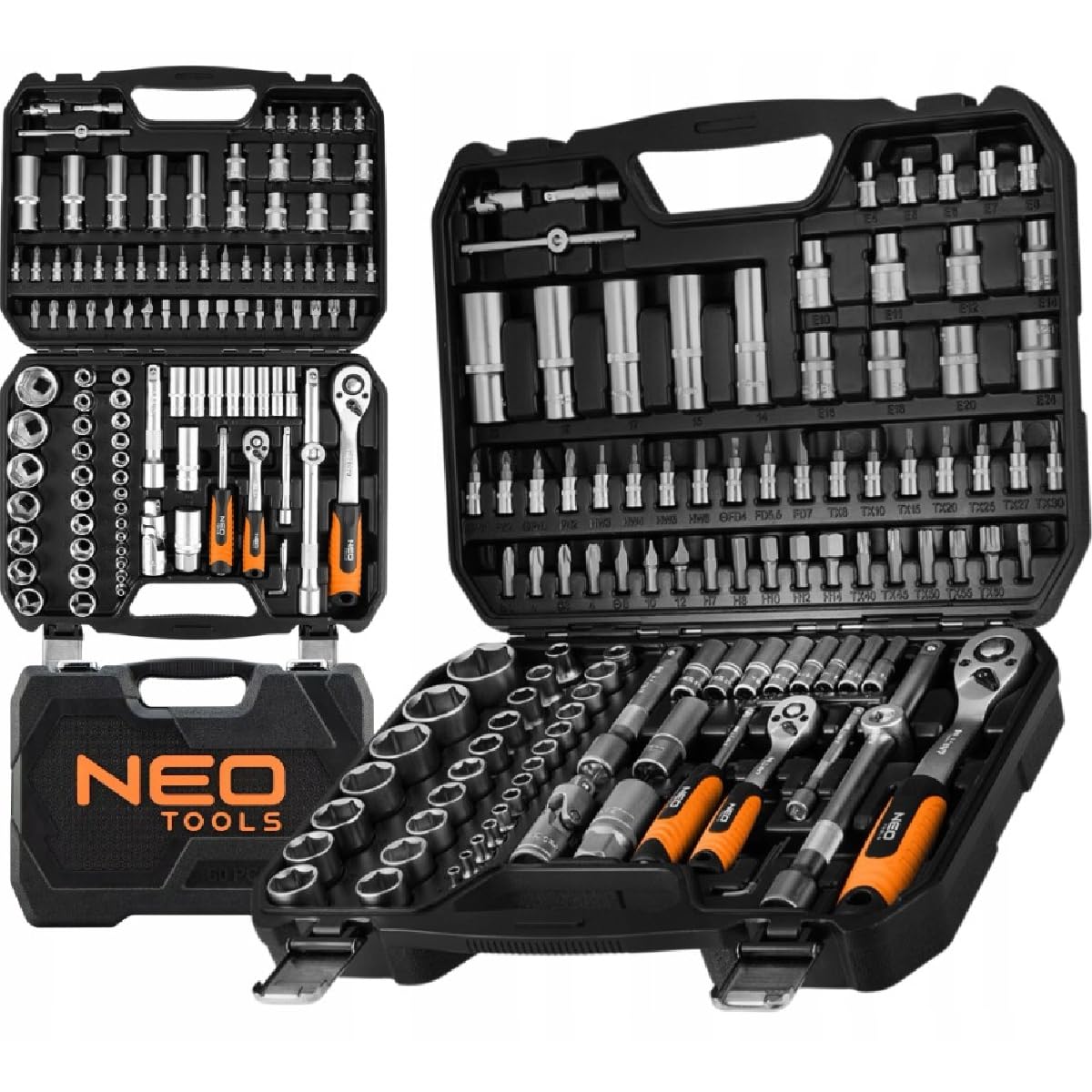 NEO TOOLS Juego de 110 llaves de vaso universales de 1/2" y 1/4" de acero al cromo vanadio con 72 dientes finos, incluye insertos Torx, tuercas hexagonales