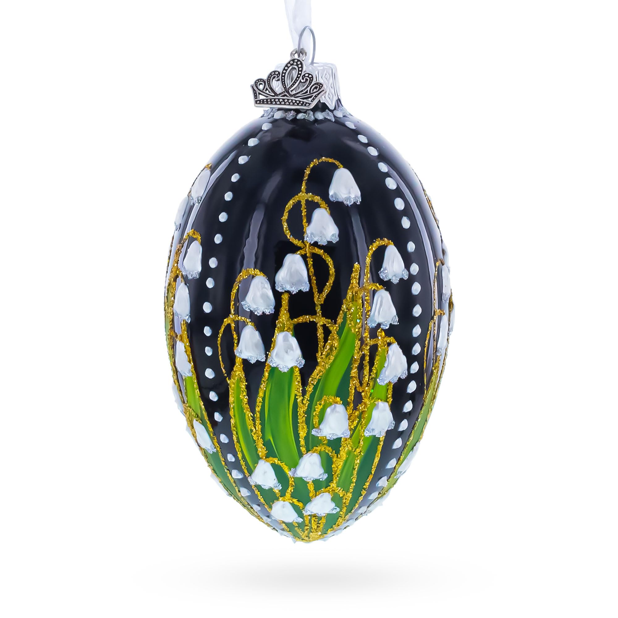 Ornement en verre de muguet sur œuf noir précieux, un chef-d'œuvre artisanal de 10,2 cm