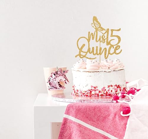 Miniatura 3 de Mis Quince Decoración para tartas con purpurina dorada, decoración de cumpleaños número 15, feliz 15 años, Cheers to 15 años, 1 unidad, amarillo