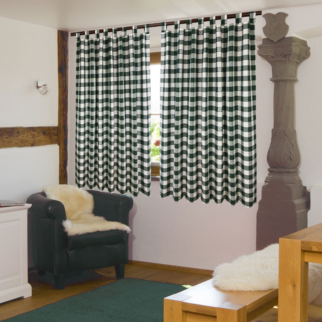 Schlaufen-Dekoschal Karo mit Edelweiß Grün | Landhaus-Vorhang grün-weiß kariert 8 Schlaufen hochwertige Webware | Übergardine für Küche, Esszimmer, Gästewohnung, Kaminzimmer Höhe x Breite 145 x 130cm
