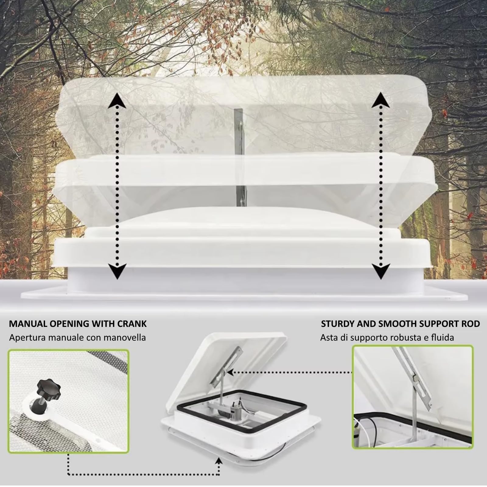 Finestra Per Tetto Camper 40x40 cm Oblò Apribile Manualmente Con Ventilazione Forzata Silenziosa e Zanzariera x Roulotte Camping Lucernario Caravan