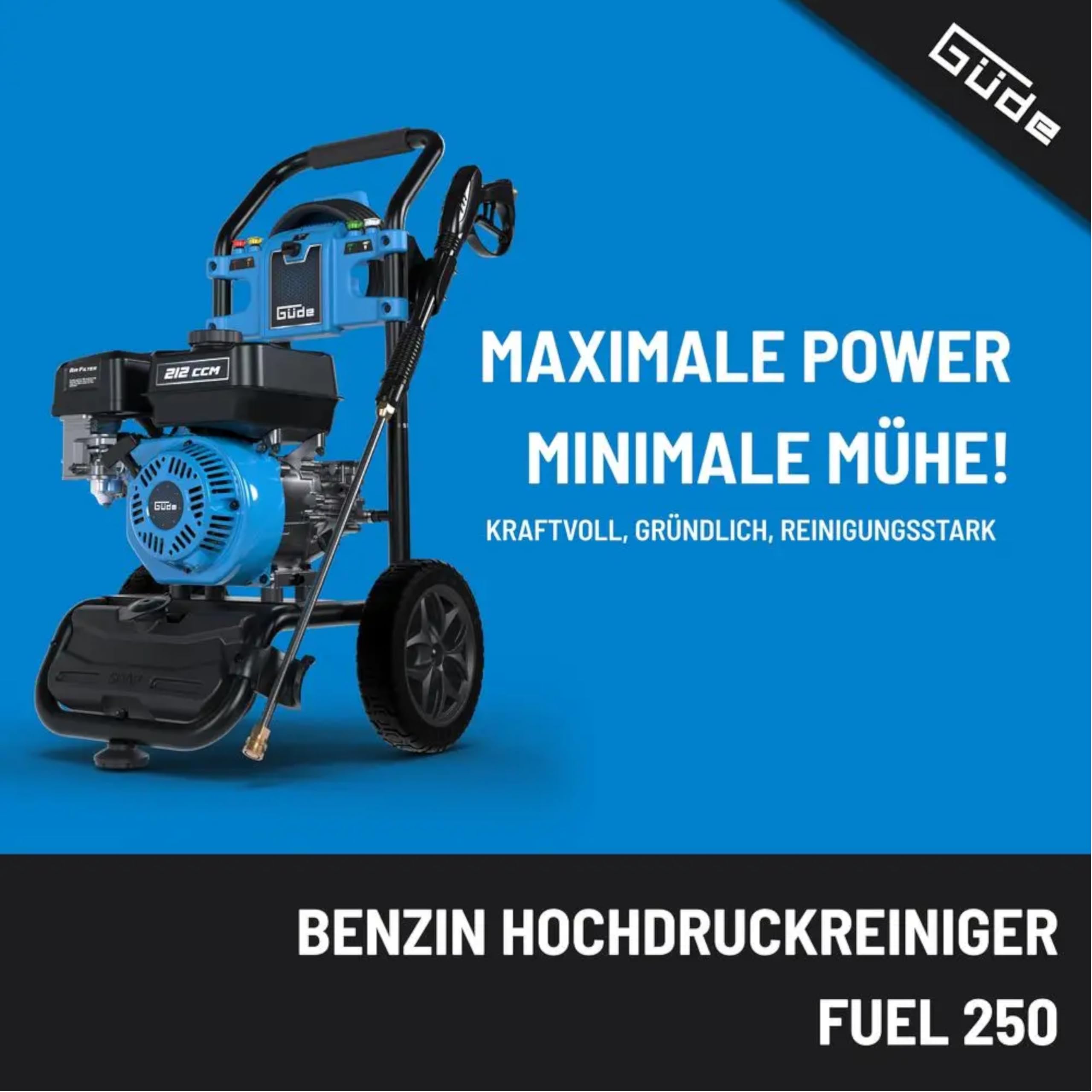 GÜDE Gasolina Hidrolimpiadora Fuel 250 – 234 Bar presión de Trabajo, 590 l/h, Motor de 4 Tiempos, Manguera de 9 m, depósito de detergente, 5 boquillas