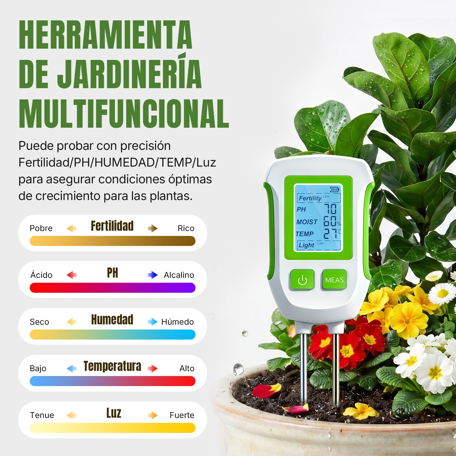 Mcbazel Medidor de Suelo 5 en 1, Multifuncional Analizador de Tierra para pH, Fertilidad, Humedad, Temperatura y Luz, Sensor de Doble Sonda con Apagado Automático para Jardín y Agricultura