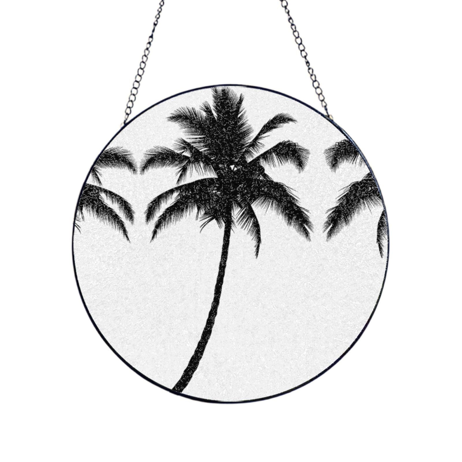 Phayah Palm Tree Print Glass Window Hanging Round Suncatcher Glass Ornament Garden Wall Fence Decorations Indoor Outdoor 12in（30cm）
