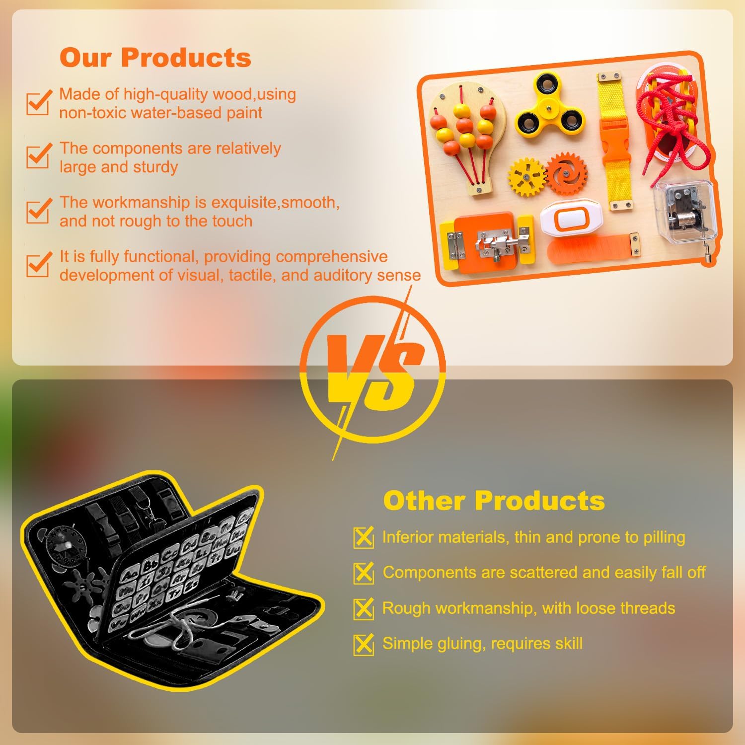 Montessori Busy Board for Toddlers, Wooden Sensory Toys Autistic Children, Travel Toys for Educational Fidget Board with Switches & Music Boxes, Fidget Spinner, Locks for 3+ Year Kids Gifts.