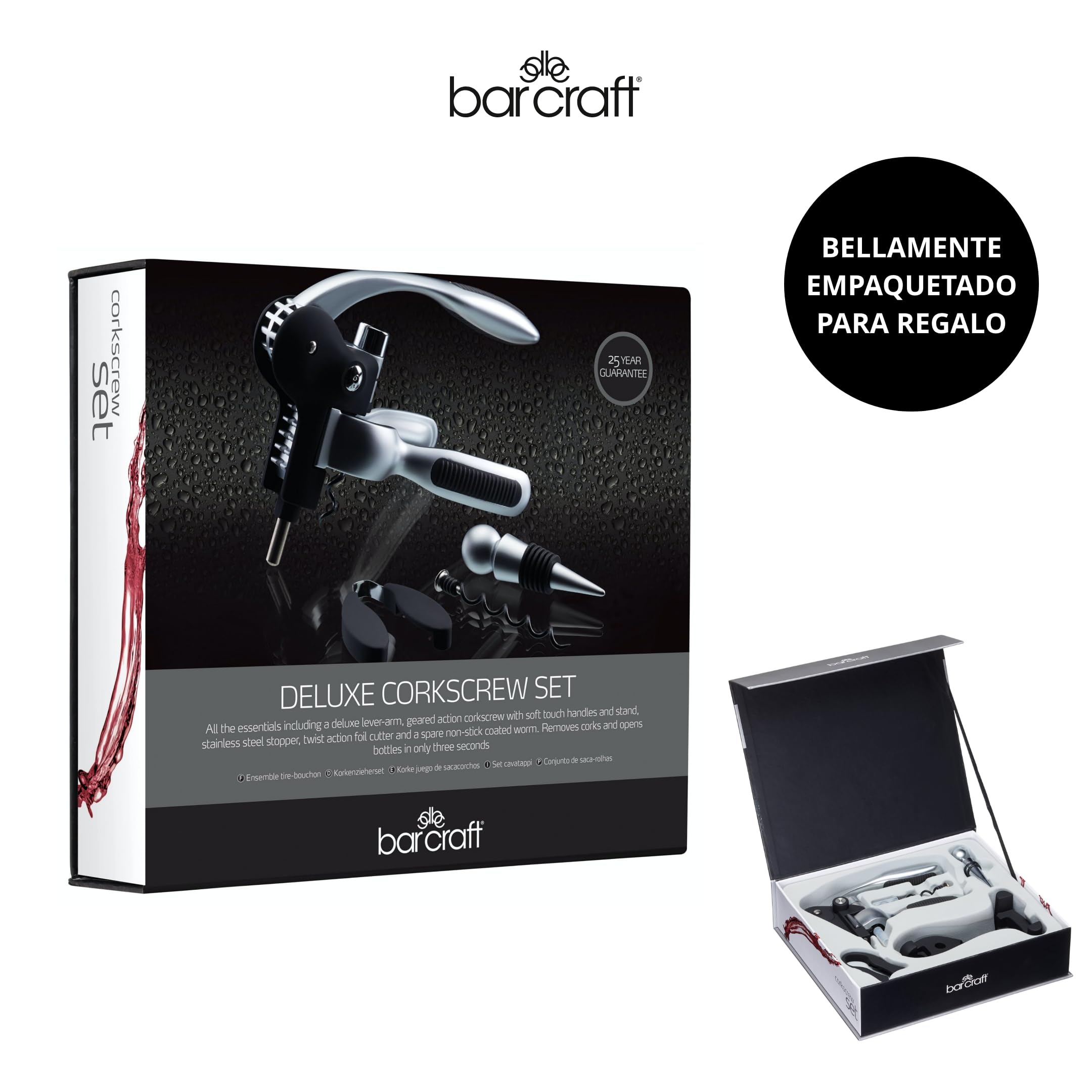 BarCraft Sacacorchos de palanca y Abridor de botellas de Vino con Tapón de Botella, Cortador de Lámina y Gusano Antiadherente de Repuesto, 1 Kit con Caja de Presentación, Brillo Metálico
