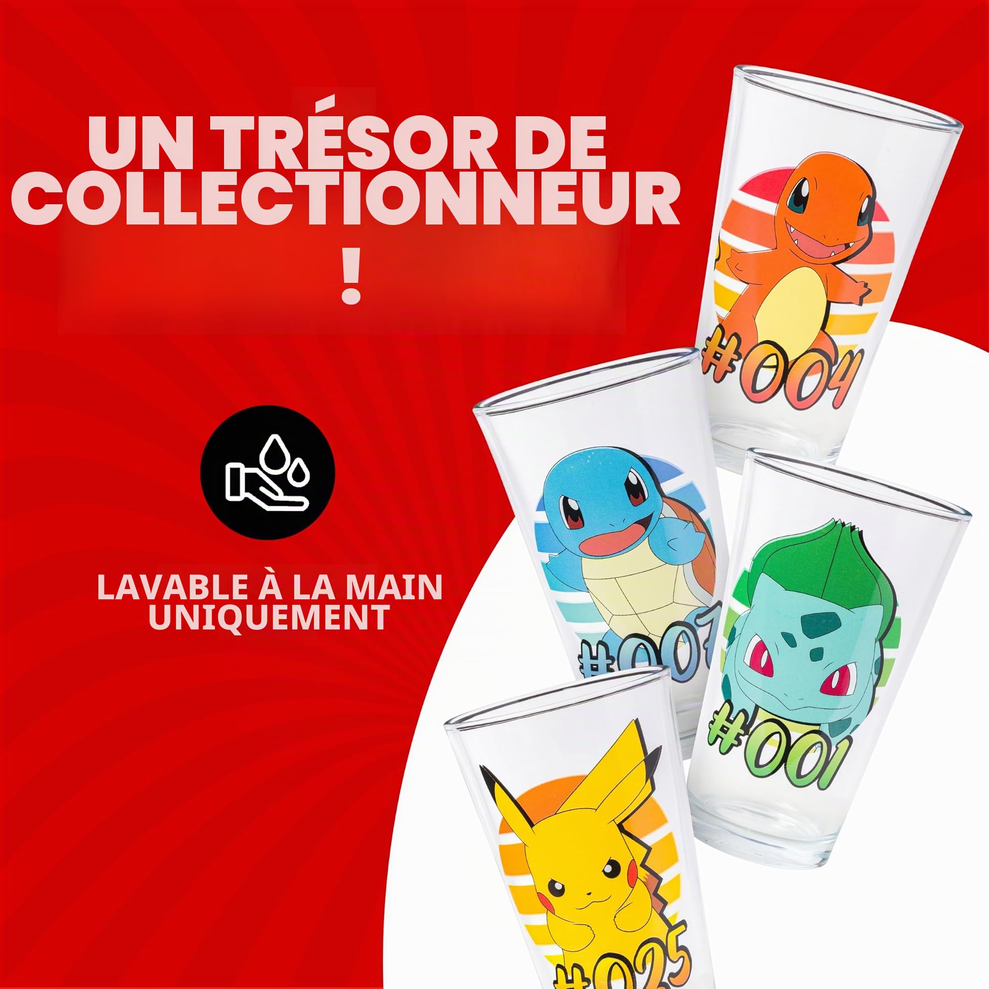 Silver Buffalo Pokémon Original Starters Lot de 4 verres à bière Charmander, Squirtle, Bulbasaure et Pikachu 473 ml