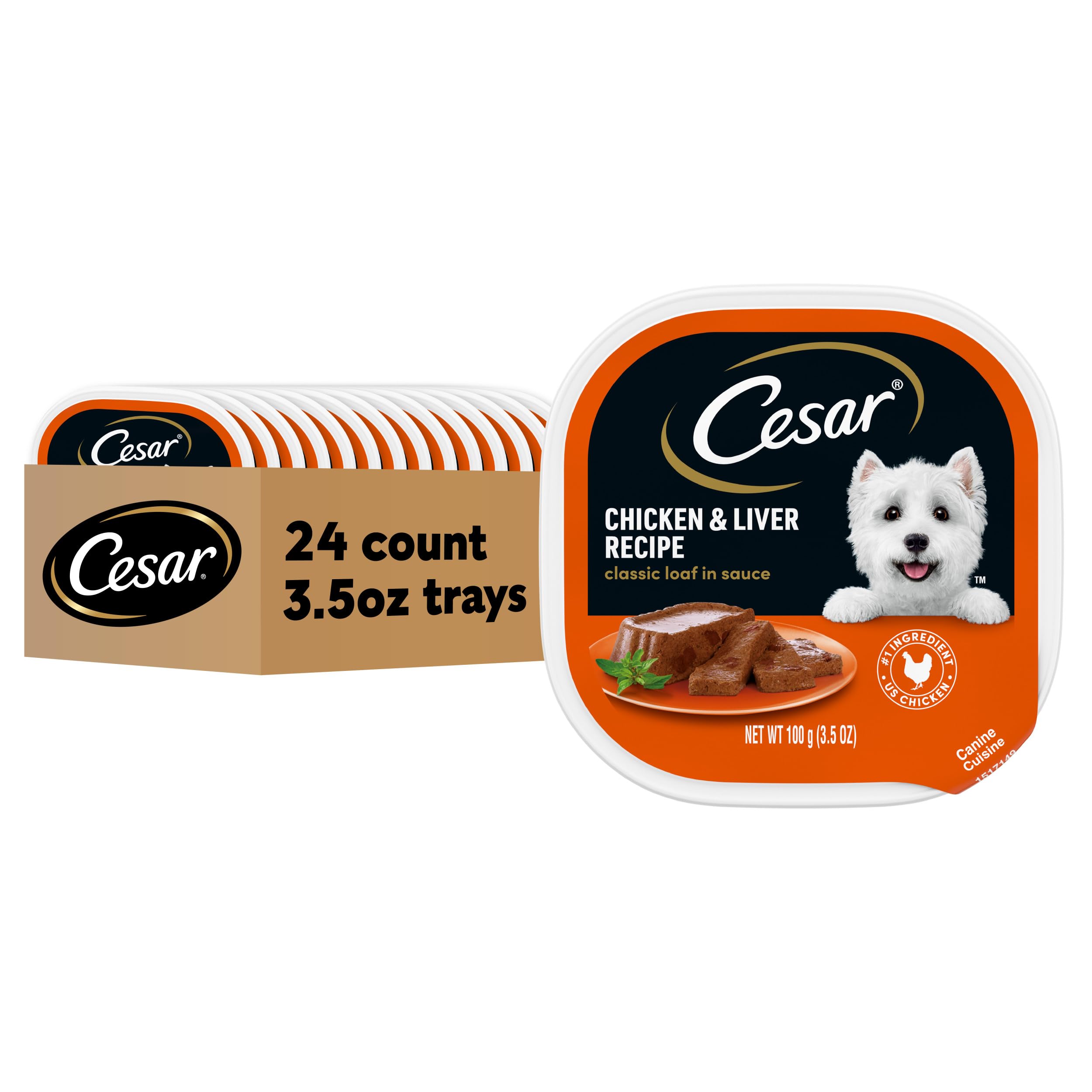 Cesar Classic Loaf in Sauce Adult Wet Dog Food Chicken and Liver Recipe, Wet Food for Dogs, 3.5 oz Easy Peel Trays, 24 Count