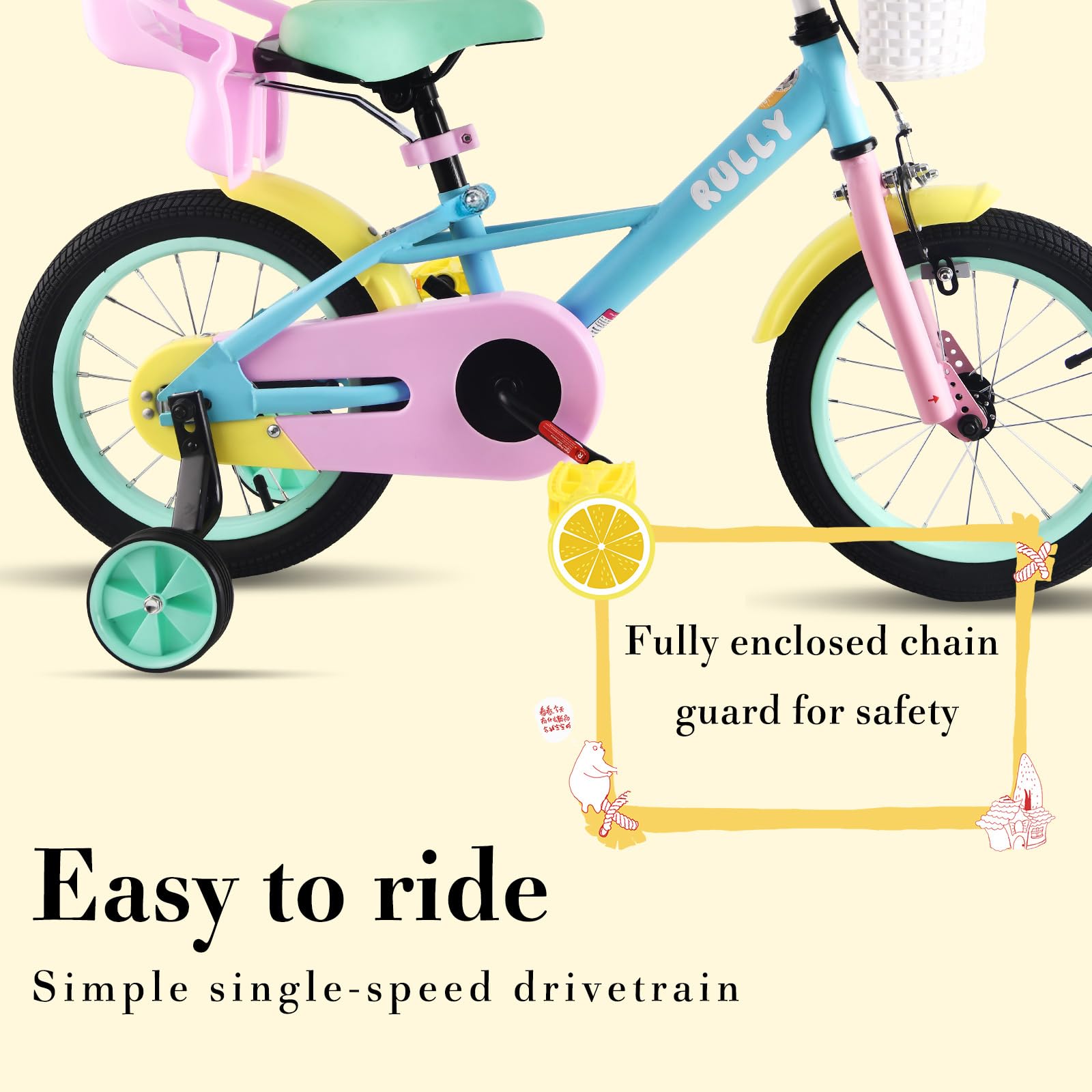 RULLY Kinderfahrrad 12-16 Zoll für Mädchen 2-7 Jahre (33-53 cm) – Mädchenfahrrad mit Stützrädern, Rücktrittbremse und Regenbogen-Design.