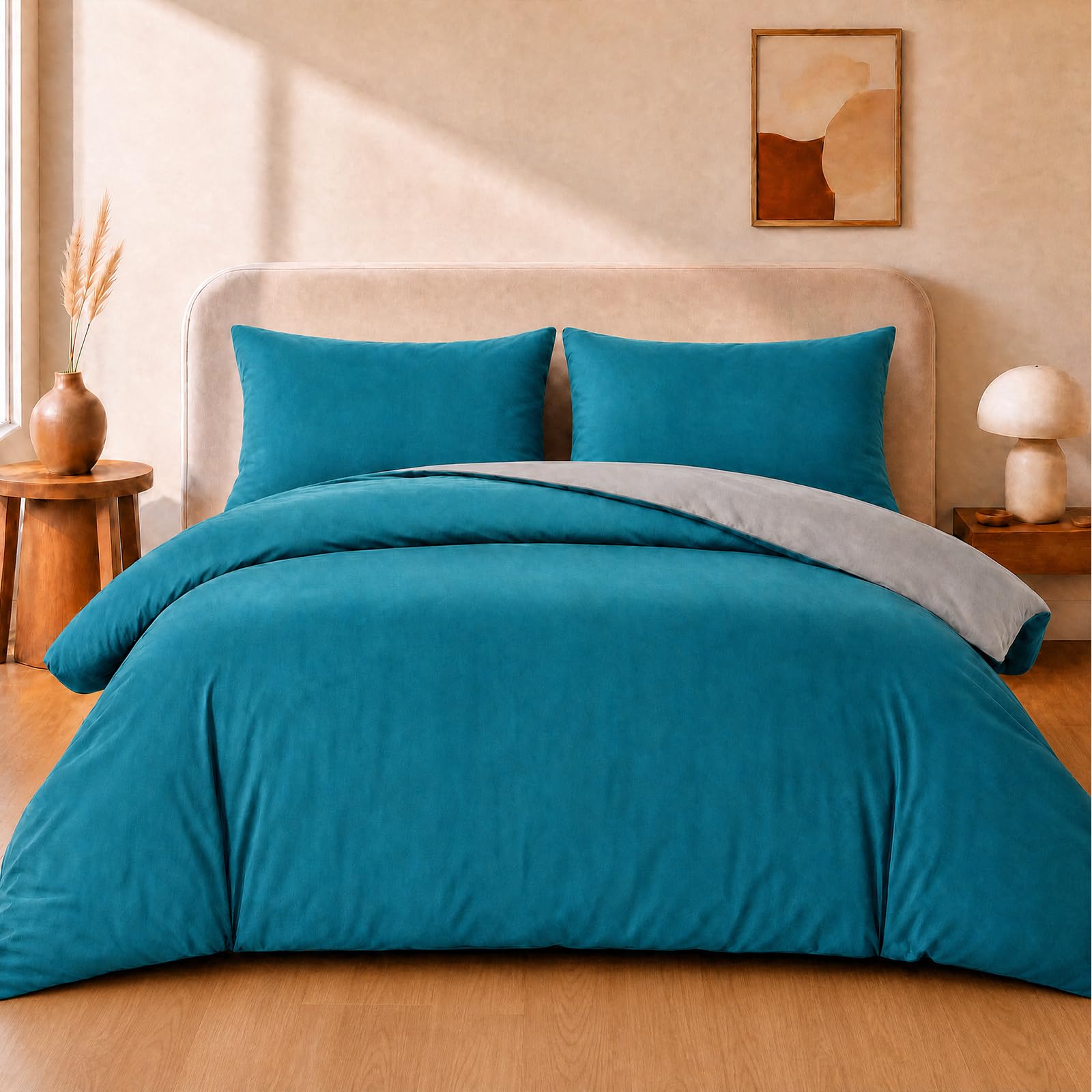VelvetMis King Size Duvet Cover Set - 3Pcs Reversible Bedding Bed Set Teal And Grey Kingsize Microfiber Quilt Cover With 2 Pillowcases 50x75cm