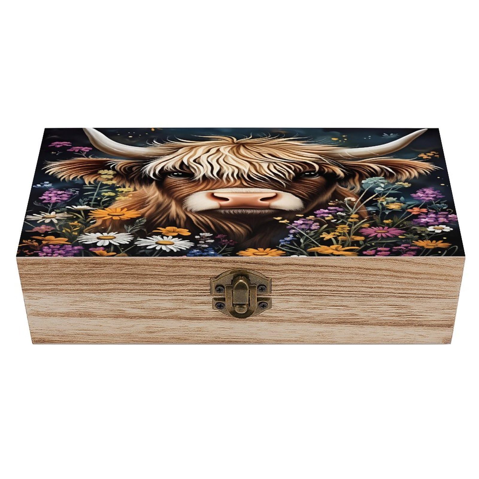 HLBSDM Highland Cow Floral Vintage Wooden Keepsake Box with Hinged Lid And Locking Clasp, Decorative Storage Box for Jewelry, Trinkets And Small Accessories, Organizer for Home Or Wedding