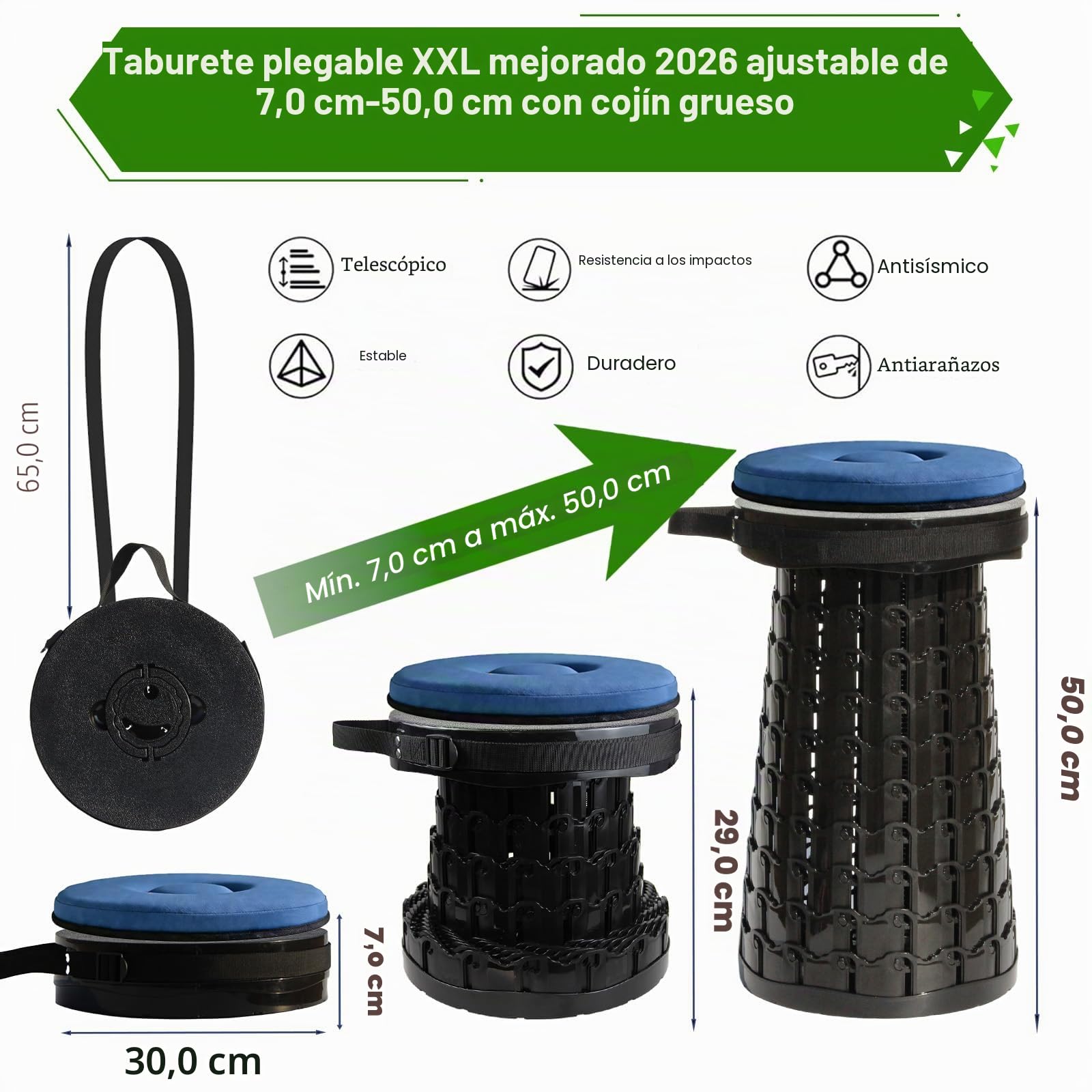 Taburete Plegable XXL Mejorado, taburetes portátiles para Adultos, Silla Plegable más Resistente con Capacidad de Carga de 1000 Libras, Ajustable, retráctil, Taburete de Camping para