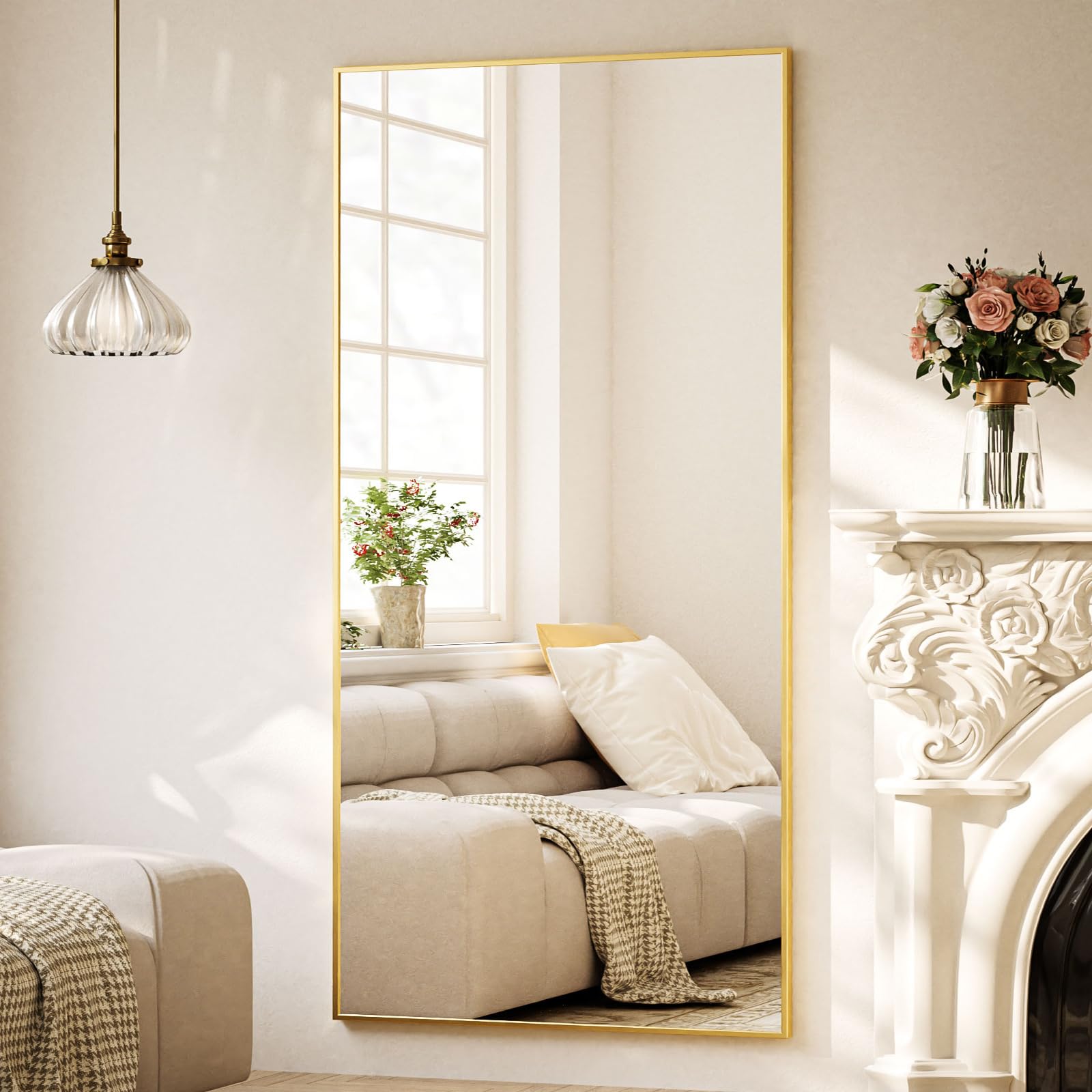 BEAUTYPEAK Rechteckiger Ganzkörperspiegel, Standspiegel und Wandspiegel mit Aluminiumrahmen, Shatterproof Glas für Verzerrungsfreie Reflexion, ideal für Schlafzimmern, Eingangstür, Fluren