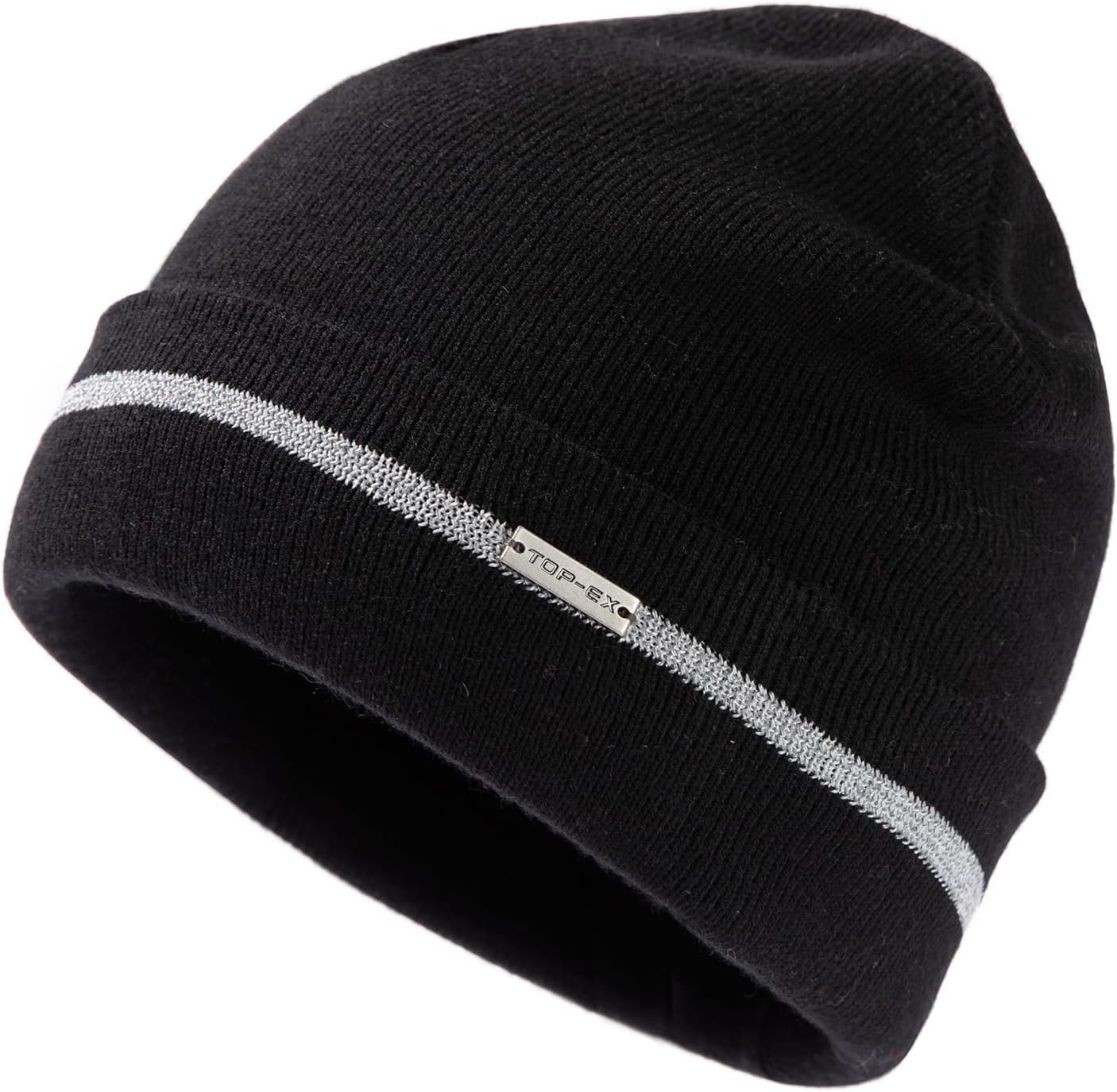 TOP-EX XL/XXL 50% Merino Wool Cuffed Beanie for Men Women Double Layer Winter Knit Hats with Reflective Strips Warm & Soft