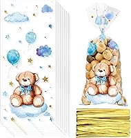 Vista 7 de Maitys 100 bolsas de celofán de oso para baby shower, bolsas de plástico para dulces con 100 lazos dorados, bolsas de regalo para revelación de Rosa
