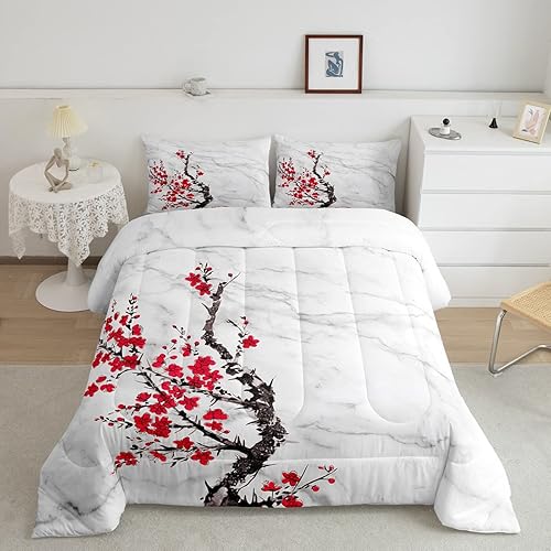 Erosebridal Juego de ropa de cama individual con diseño de flor de cerezo 2 piezas juego de edredón de mármol blanco y gris para niñas y mujeres