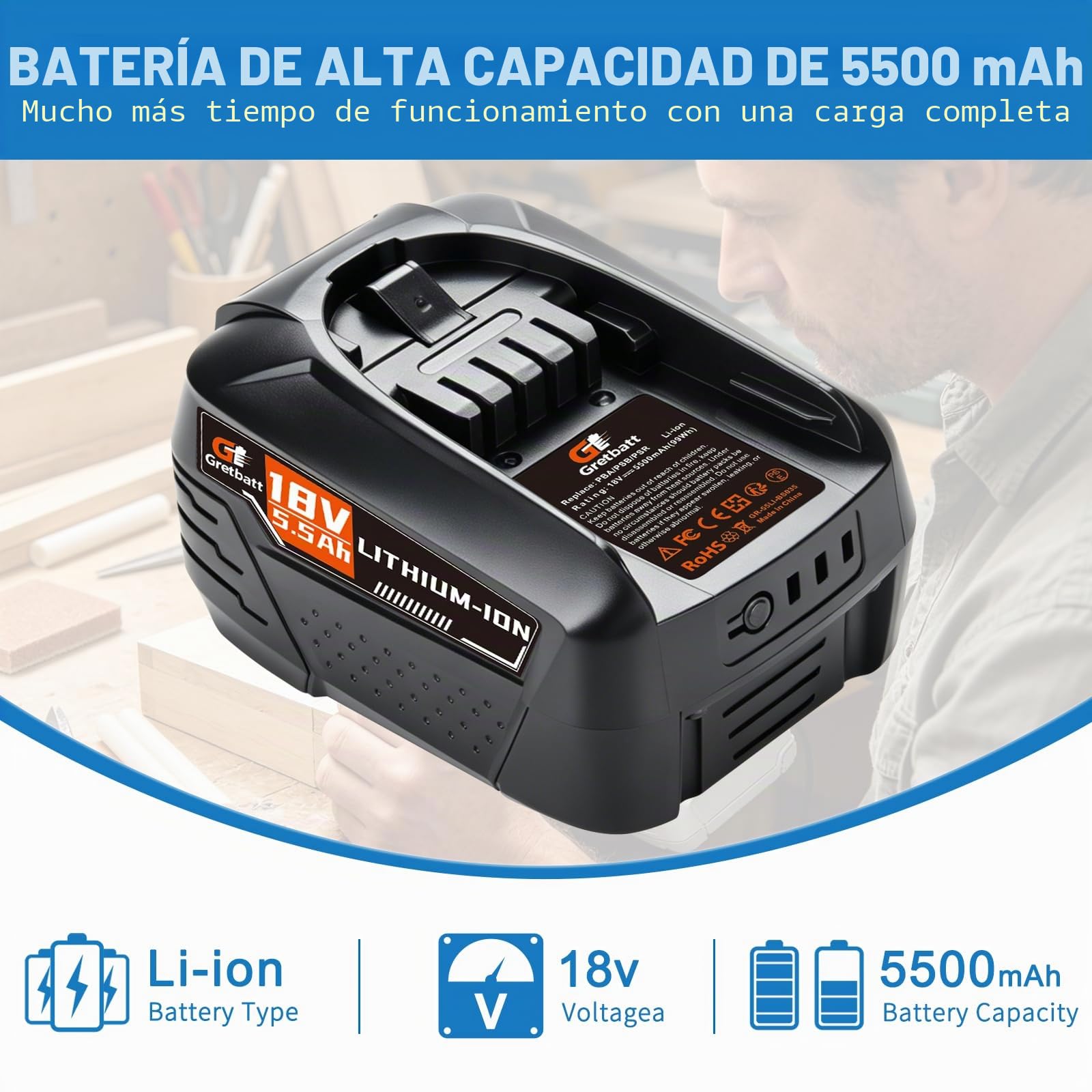 Batería de Repuesto para Bosch PBA/PSB/PSR, 18V, 5500 mAh, Compatible con Herramientas Bosch para casa y jardín