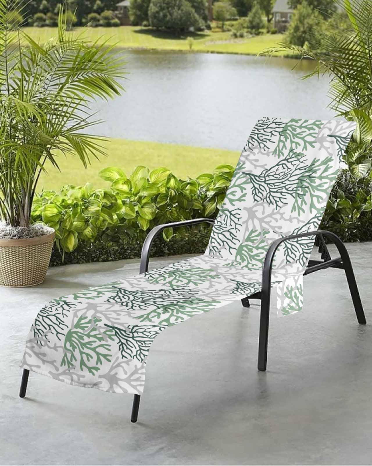 Solid Green Coral Beach Chair Towel Covers for Chaise Lounge with Side Pocket, Soft Plush Pool Towels Cover for Patio Sunbathing Outdoor Abstract Contemporary Grey Geometric 29''x85''