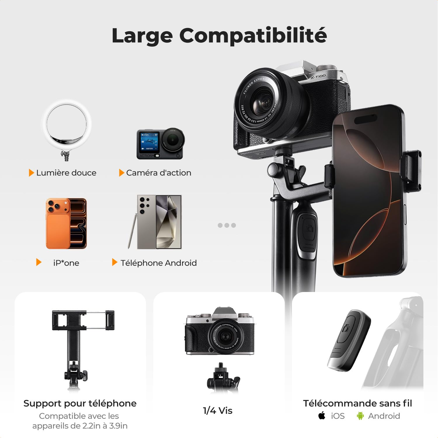 K&F CONCEPT 177cm Trépied téléphone à 4 Pieds avec Poignée Stabilisatrice, Télécommande Bluetooth, Rotation 360°, Perche à Selfie Compatible avec iPhone Android, DJI OSMO Pocket 3/4, pour Voyage Vlog