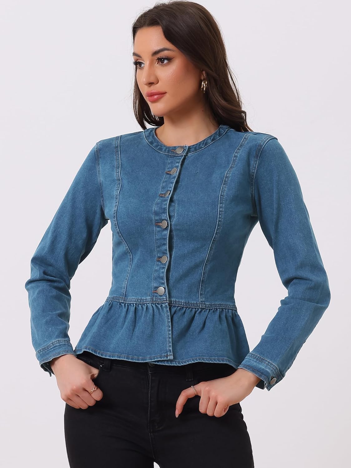 Allegra K Women's Peplum Denim Jackets Collarless Round Neck Button Down Cropped Ruffle Hem Jacket - Image 2