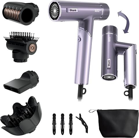 Shark SpeedStyle Pro Flex Hair Dryer, Lightweight, Lilac Frost HD543PLUK | High Performance High-Velocity Hair-Dryer w/ 4 Styling Attachments, Ionic, No Heat Damage, Folding Handle, For All Hair Types