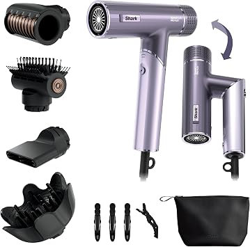Shark SpeedStyle Pro Flex Hair Dryer, High Performance High-Velocity Hair-Dryer w/ 4 Styling Attachments, Lightweight, Ionic, No Heat Damage, Folding Handle, for All Hair Types, Lilac Frost HD543PLUK