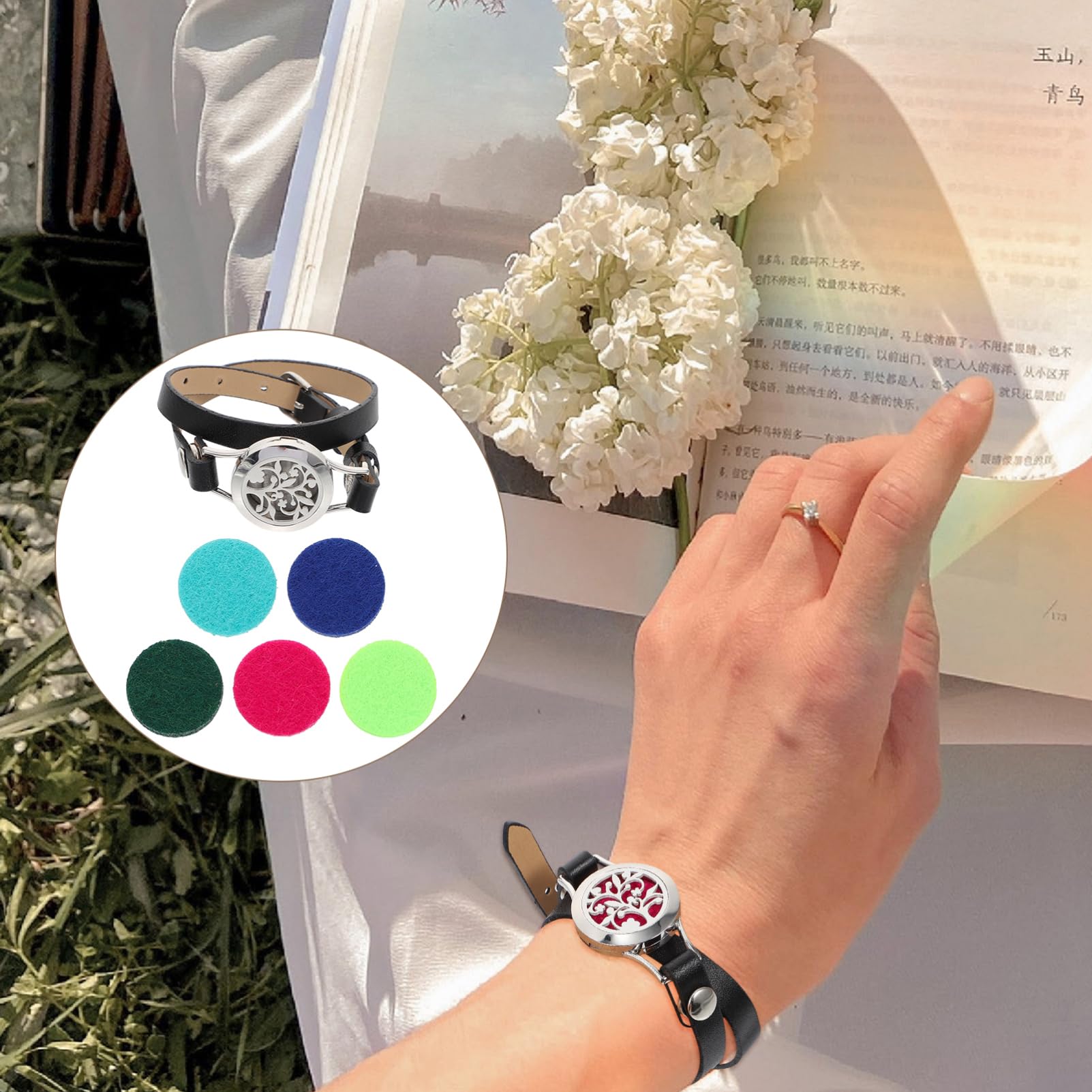 Bracciale Diffusore Traforato in Acciaio Inox Cinturino in Pelle Nera, Braccialetto Profumato Aromatico Femminile Per Oli Essenziali, Elegante Accessorio Regalo Per Occasioni Speciali