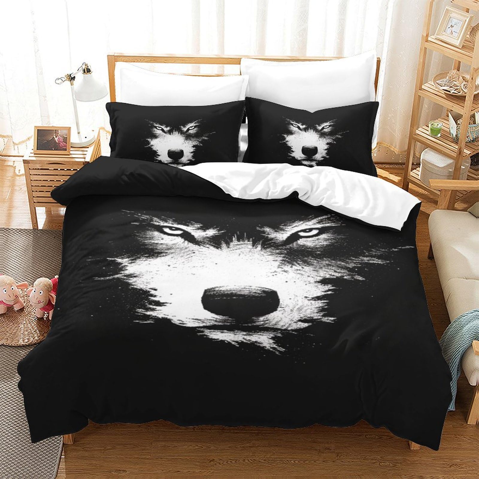 Housses de couettes loup 3D pour chambre d'enfant ou ado lit simple 140x200cm