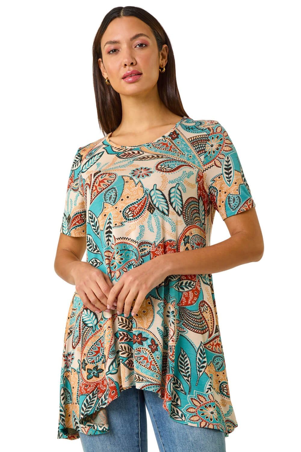 Roman Women's Blue Floral Print Hanky Hem Tunic Top In | : Size 14