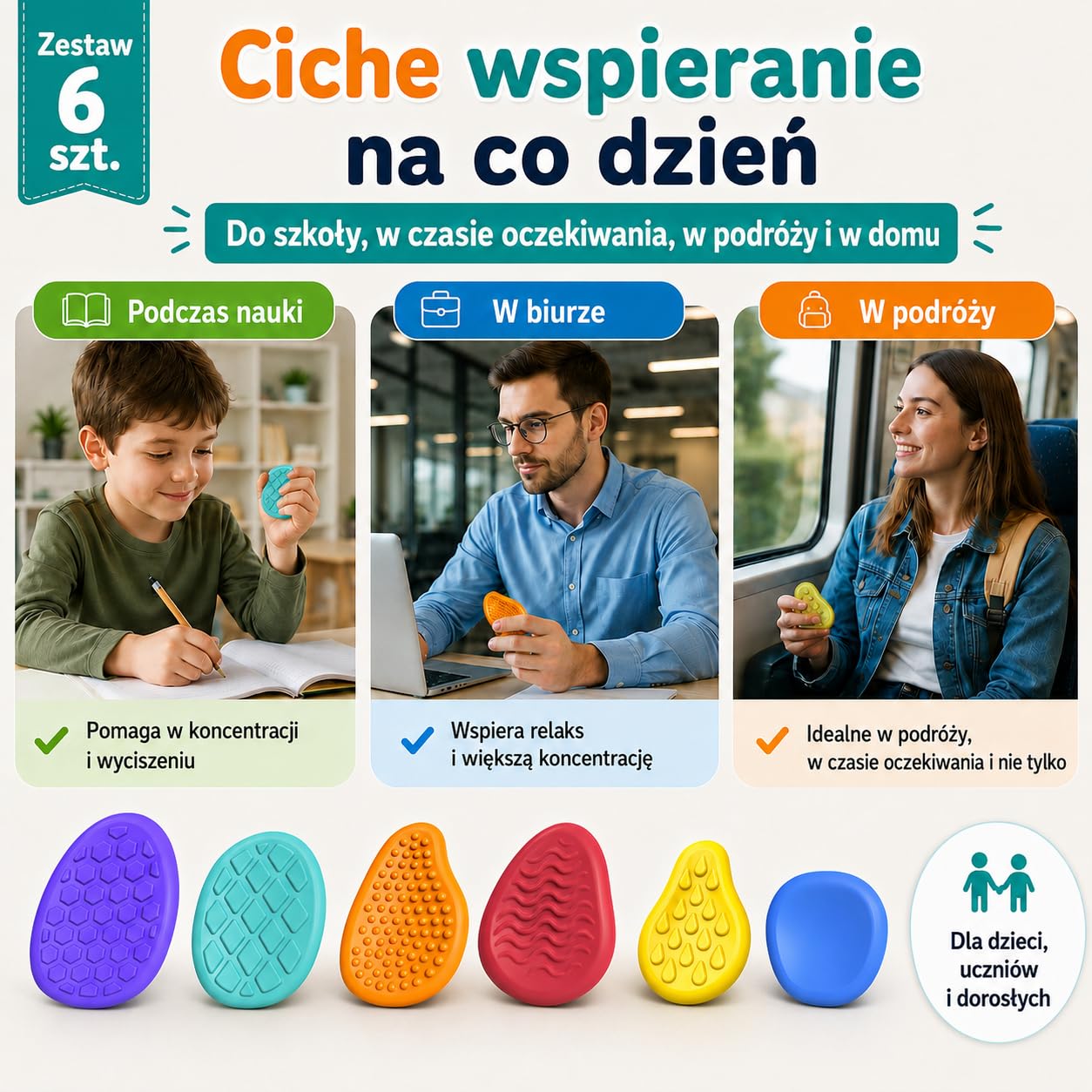 Silikonowe zabawki sensoryczne Fidget Toys 6 sztuk, antystresowe, redukujące stres, prezent dla dzieci i dorosłych, ADHD i autyzm
