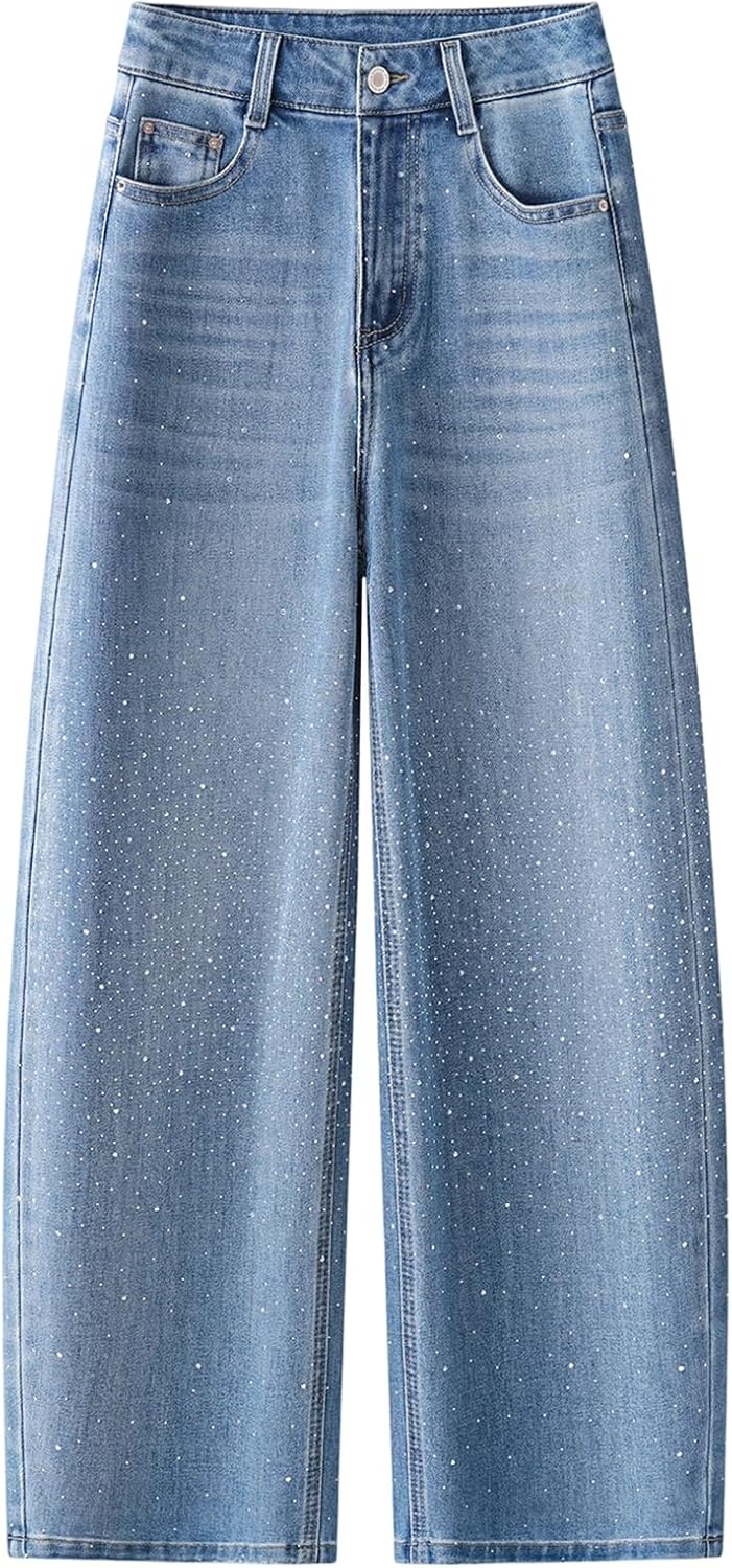 Women's Rhinestone Banana Jeans High Waisted Light Blue Stretch Denim Pants Curved Wide Leg Casual Trousers