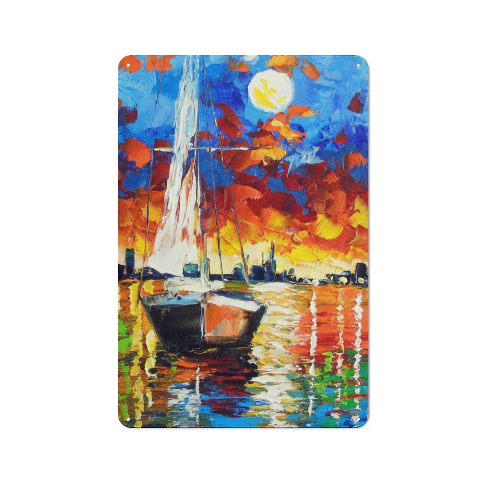 Junmoney Sailboat At Dawn Retro Metal Wall Sign 30X20cm With For Bar Or Restaurant, A Housewarming Gift For Hospitality Decor Collectors