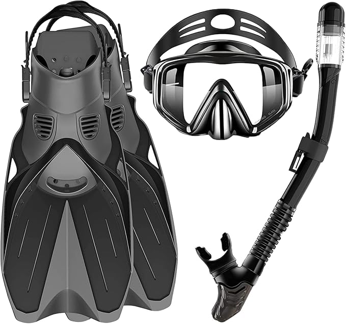Snorkel Set, Mask Fins Snorkeling Gear Adults, Snorkel Goggles Panoramic View AntiFog AntiLeak