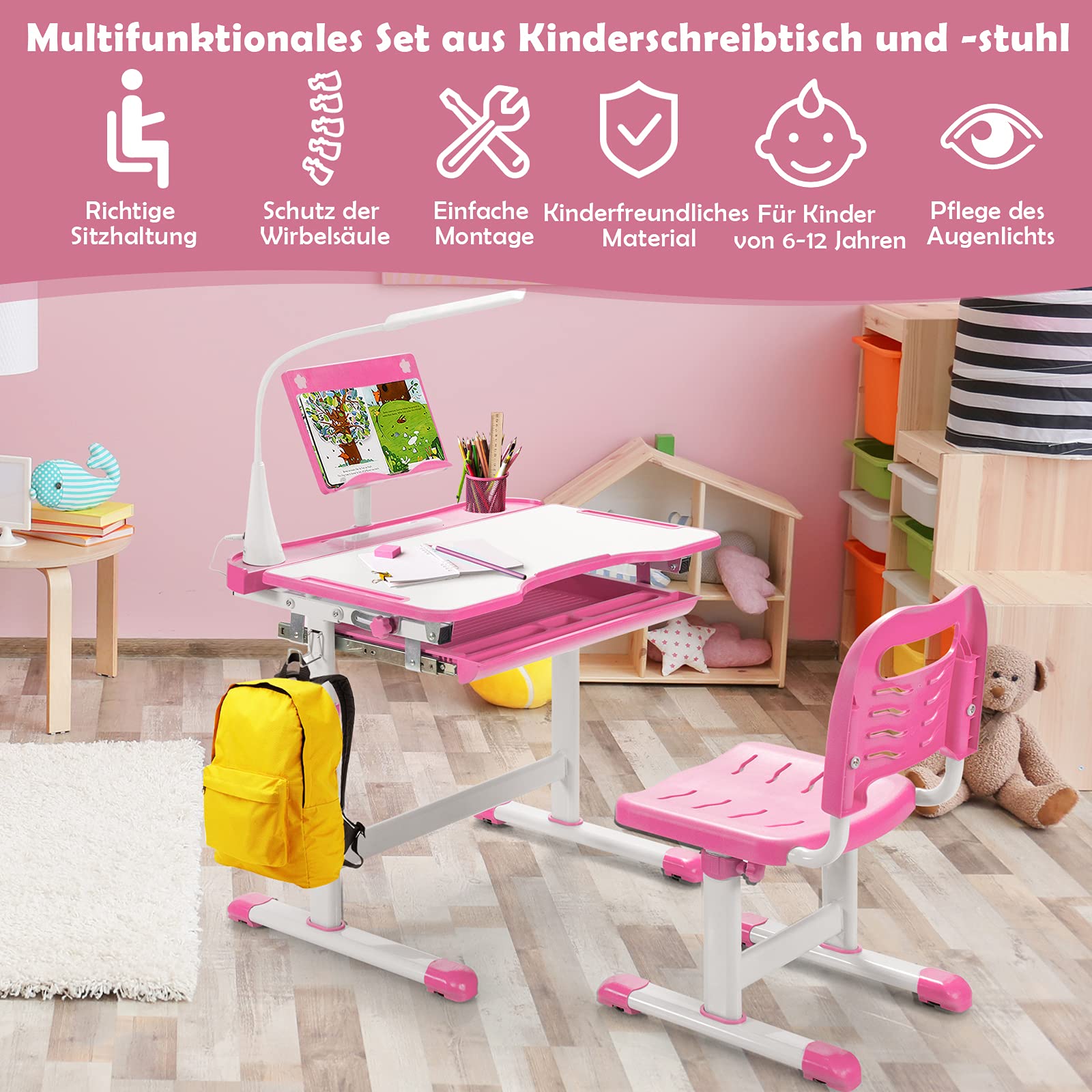 COSTWAY Kinderschreibtisch Set mit Bücherständer & LED-Licht, höhenverstellbarer Kindertisch und Stuhl mit gekippter Tischplatte & Schublade, Kinder Schreibtisch für Jungs & Mädchen (Rosa)