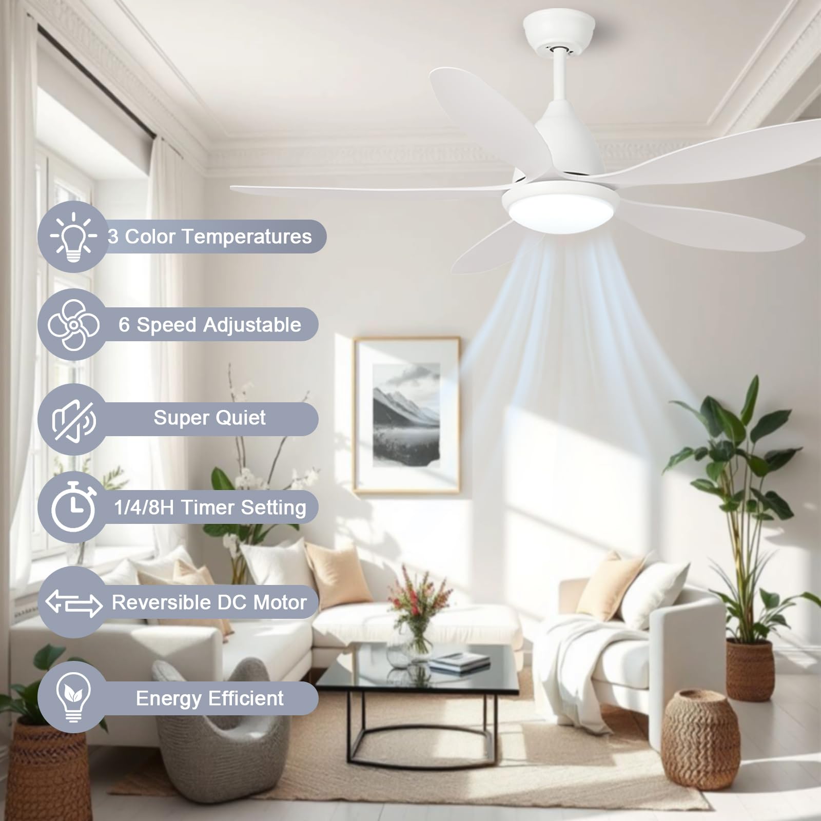 FENGYUN ELE Ventilatore da soffitto con luce, Ventilatori da soffitto bianchi da 52 pollici con telecomando, Lampada da soffitto silenziosa con motore DC e ventola reversibile-3 colori-6 velocità